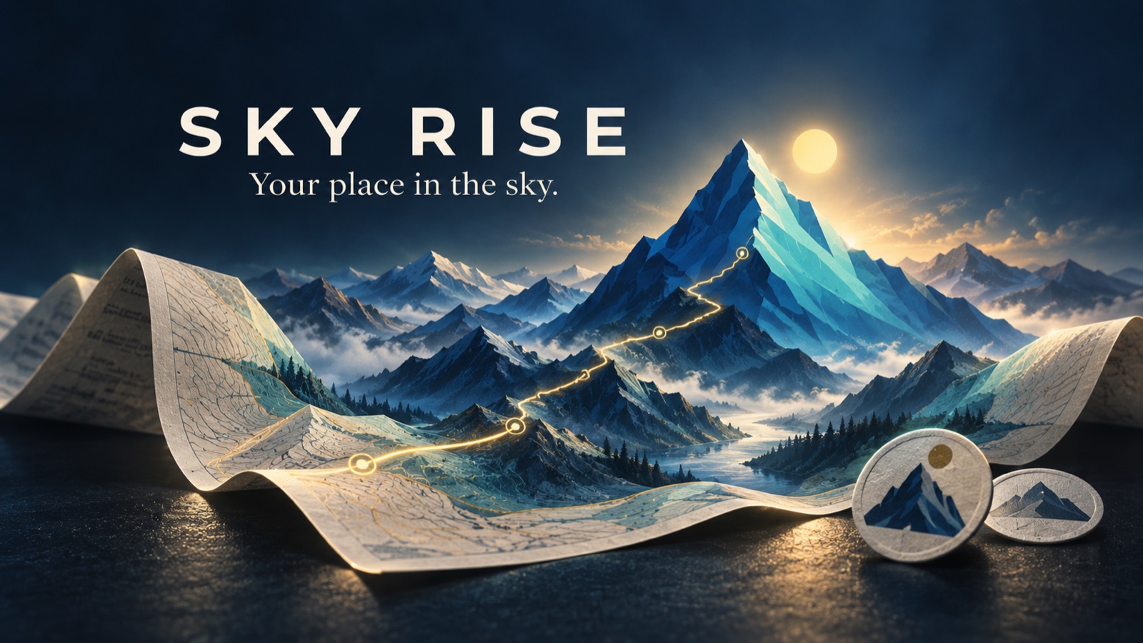 Sky Rise. Your place in the sky. A golden trail crosses a folded map into blue mountain peaks, with collectible summit stamps in the foreground.