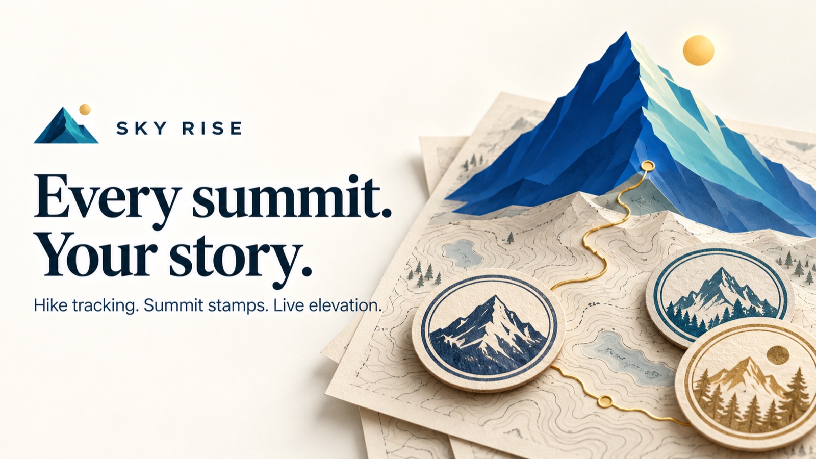 Sky Rise. Every summit. Your story. Hike tracking, summit stamps, live elevation. A sculpted blue mountain rises from a paper map beside illustrated mountain stamps.