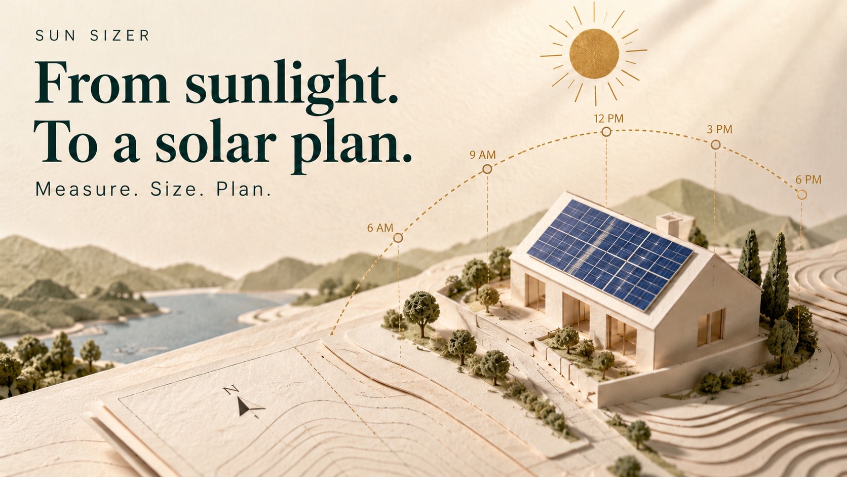 Sun Sizer — From sunlight. To a solar plan. Measure. Size. Plan. A paper solar plan with panels and a golden measurement arc.